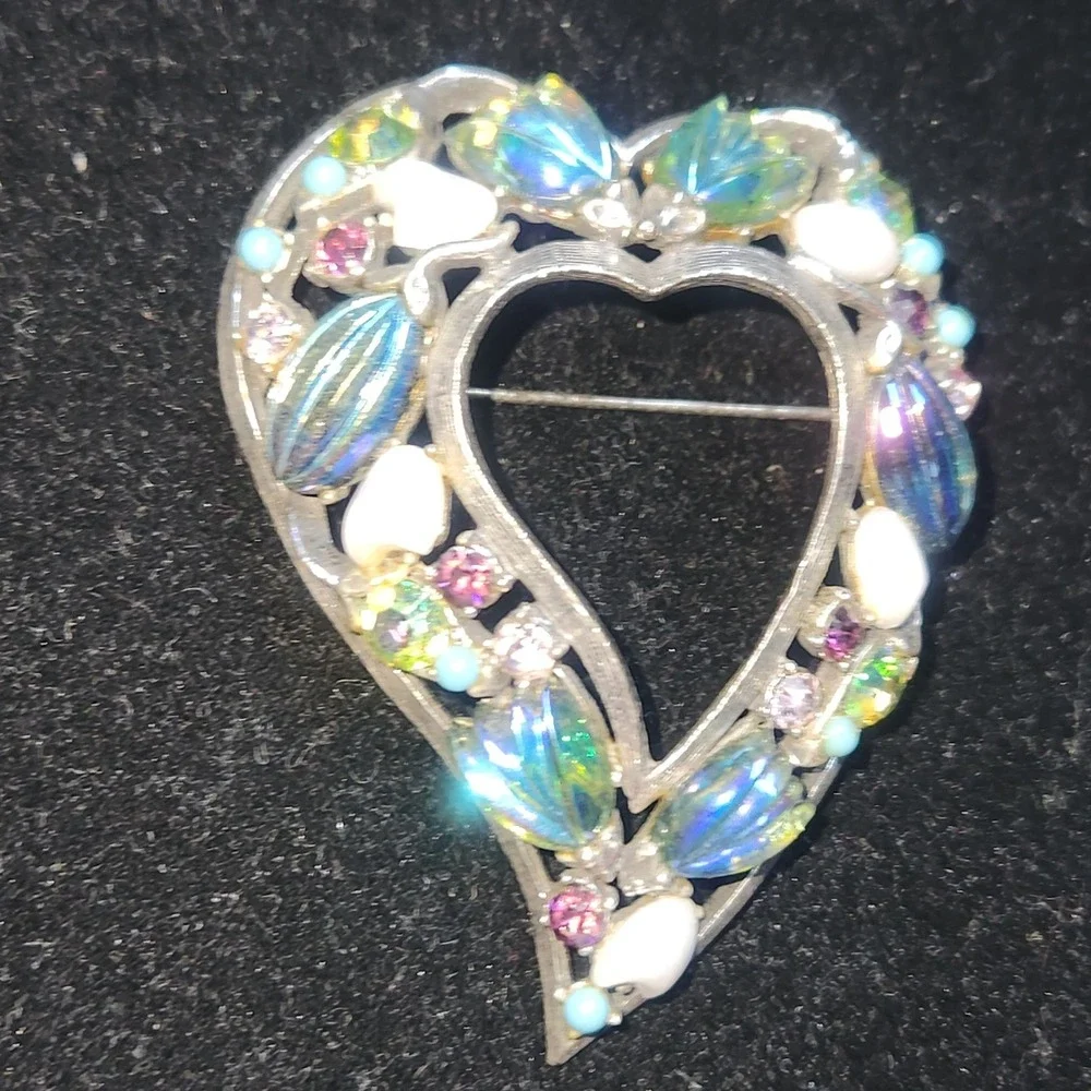 Vintage Florenza Heart Brooch Silver Tone Blue AB Rhinestone and stone Pin